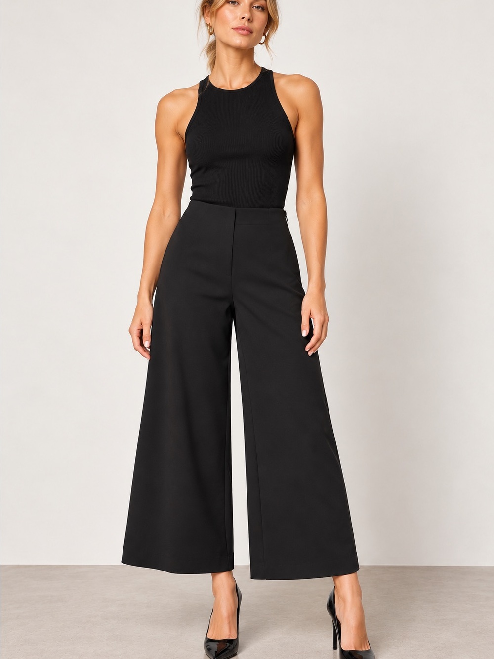 Zara Black High Rise Wide Leg Cropped Culotte Pants XS